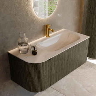 MONDIAZ KURVE-DLUX 105cm badmeubel ronding Links kleur Shadow met 1 lade en 1 deur. Wastafel BIG SMALL Rechts 1 kraangat Meli.