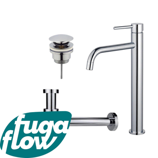 FugaFlow Eccelente Sobrado Slim Slim Kit mitigeur lavabo - robinet rehaussé - bonde clic clac - siphon design bas - Chrome brillant