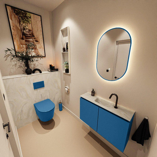 MONDIAZ TURE-DLUX Meuble toilette - 80cm - Jeans - EDEN - vasque Ostra - position centrale - 1 trou de robinet