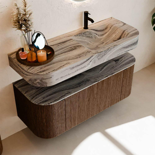 MONDIAZ THOR-DLUX 120cm meuble de salle de bains arrondi gauche + droite couleur Walnut avec 1 tiroir et 2 portes. Vasque suspendue CLOUD Droite 1 trou de robinet couleur Sombra.