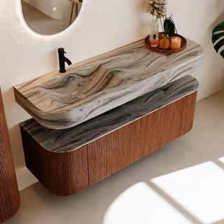 MONDIAZ THOR-DLUX 140cm meuble de salle de bains arrondi gauche + droite couleur Ruby avec 1 tiroir et 2 portes. Vasque suspendue CLOUD Gauche 1 trou de robinet couleur Sombra.