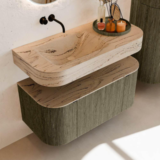 MONDIAZ THOR-DLUX 100cm meuble de salle de bains arrondi gauche + droite couleur Shadow avec 1 tiroir et 2 portes. Vasque suspendue CLOUD gauche sans trou de robinet couleur Arena.