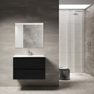 Adema Prime Blend Ensemble de meuble - 80x55x46cm - 1 vasque rectangulaire en céramique Blanc - 1 trou de robinet - 2 tiroirs - avec miroir rectangulaire - Noir mat