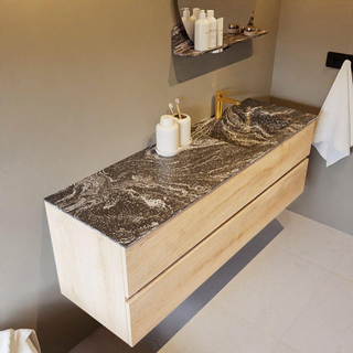 Mondiaz VICA-DLUX ensemble de meuble de salle de bain - 150cm - meuble sous-vasque chêne blanchi - 2 tiroirs - lavabo encastré cloud droite - 1 trou de robinet - miroir modèle spot - version XL 60cm de haut - lave