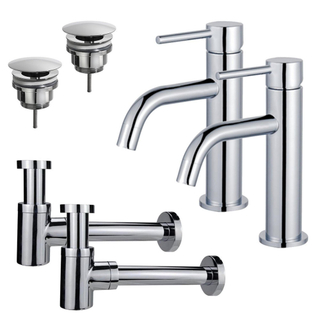 FugaFlow Eccelente Sobrado Slim Kit robinet lavabo - pour double vasque - robinet bas - bonde non-obturable - siphon design bas - Chrome brillant