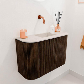 Mondiaz JOYA-DLUX Meuble de toilette 63,2 cm - arrondis gauche et droite couleur Noyer - Vasque FAYE position Milieu Sans trou de robinet couleur Meli