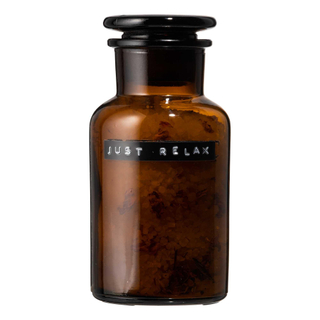 Wellmark Badzout bruin glas Apothekers pot 250ml Rozen tekst JUST RELAX Black label