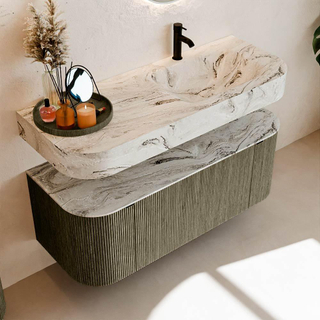 MONDIAZ THOR-DLUX 120cm meuble de salle de bains arrondi gauche + droite couleur Shadow avec 1 tiroir et 2 portes. Vasque suspendue CLOUD Droite 1 trou de robinet couleur Glace.