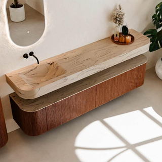 MONDIAZ THOR-DLUX 200cm meuble de salle de bains arrondi gauche + droite couleur Ruby avec 2 tiroirs et 2 portes. Vasque suspendue CLOUD Gauche sans trou de robinet couleur Arena.