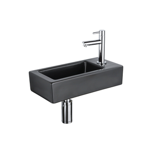 FugaFlow Efficiente Pietra Fonteinset - 37.5x18.5x9cm - keramiek - kraangat rechts - fonteinkraan chroom - afvoerplug - verlaagd sifon - Mat Zwart