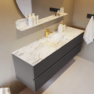 Mondiaz VICA-DLUX Ensemble de meuble de salle de bain - 150cm - meuble sous-vasque gris foncé - 2 tiroirs - lavabo encastré nuage milieu - 1 trou de robinet - version haute de 60cm - glace