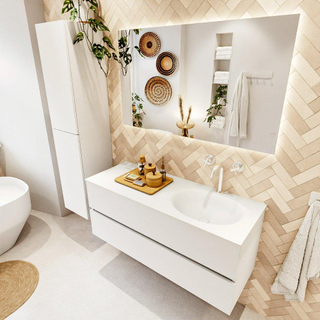 MONDIAZ VICA meuble sous lavabo 120cm Talc 2 tiroirs. Lavabo MOON droite 1 trou de robinet, couleur Talc.