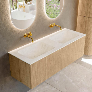 MONDIAZ KURVE-DLUX 130cm Meuble salle de bain - couleur Oak - 2 tiroirs - vasque LEAF double - sans trou de robinet - couleur Opalo