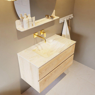 Mondiaz VICA-DLUX ensemble de meuble de salle de bain - 90cm - meuble sous-vasque chêne blanchi - 2 tiroirs - lavabo encastré cloud milieu - sans trous de robinet - miroir modèle spot - version XL 60cm de haut - ostra