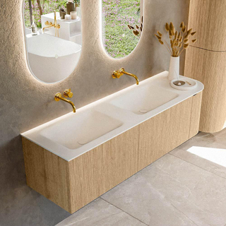MONDIAZ KURVE 155cm Meuble salle de bain avec module 25 D - couleur Oak - 2 tiroirs - 1 porte - vasque CLOUD double / gauche - sans trous de robinet - Talc