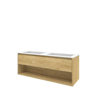 Proline elegant ensemble de meubles de salle de bains 140x46x54cm meuble avec étagère idéal en chêne avec 2 robinets polystone blanc mat