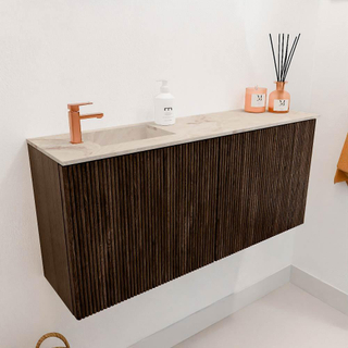 Mondiaz JOYA-DLUX 90cm toiletmeubel - kleur Walnut - Wastafel FAYE positie Links 1 kraangat kleur Frappe.