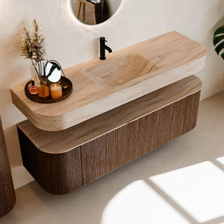 MONDIAZ THOR-DLUX 150cm badmeubel ronding links + rechts kleur Walnut met 1 lade en 2 deuren. Vrijhangende wastafel CLOUD Midden 1 kraangat kleur Saba.