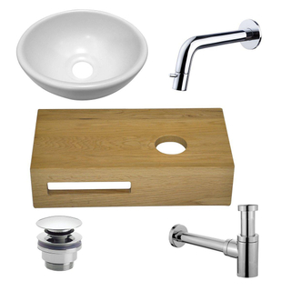 Wiesbaden Oak Pack lave-mains 40x21cm avec robinet encastrable, vasque gauche et plan en bois, siphon, et bonde chrome Chêne