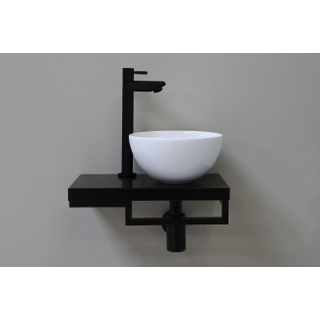 Proline fonteinset compleet met keramieken waskom glans wit rechts, zwart blad, kraan, sifon en afvoerplug mat zwart