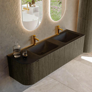 Mondiaz KURVE Ensemble de meuble salle de bain - 155x46x40cm - 2 tiroirs - 1 porte - lavabo en solid surface - double / droite - 2 trous de robinet - Shadow