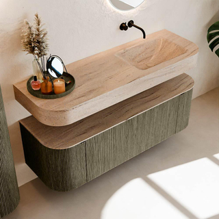 MONDIAZ THOR-DLUX 140cm meuble de salle de bains arrondi gauche + droite couleur Shadow avec 1 tiroir et 2 portes. Vasque suspendue CLOUD Droite sans trou de robinet couleur Saba.