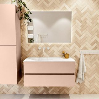 Mondiaz VICA ensemble de meuble de salle de bain - 100cm - meuble sous-vasque rosee - 2 tiroirs - lavabo moon gauche - sans trous de robinet - version haute de 60cm - talc