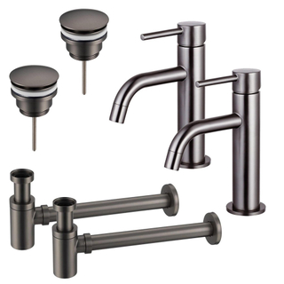 Fortifura Calvi Kit robinet lavabo - pour double vasque - robinet bas - bonde clic clac - siphon design bas - Gunmetal PVD