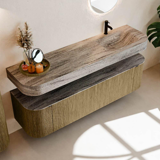 MONDIAZ THOR-DLUX 170cm meuble de salle de bains arrondi gauche + droite couleur Dusk avec 1 tiroir et 2 portes. Vasque suspendue CLOUD Droite 1 trou de robinet couleur Oza.