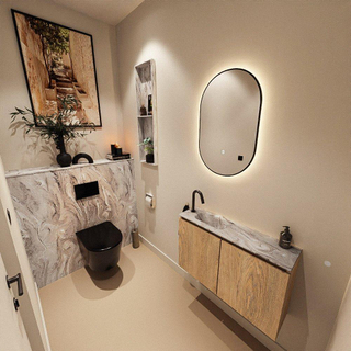 MONDIAZ TURE-DLUX Meuble toilette - 80cm - Washed Oak - EDEN - vasque Glace - position gauche - 1 trou de robinet