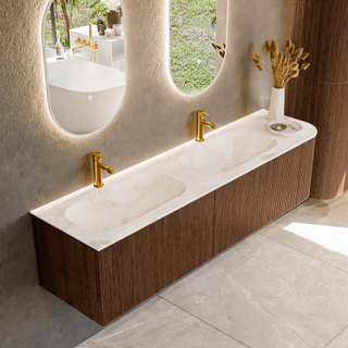 MONDIAZ KURVE-DLUX 175cm Meuble salle de bain avec module 25 D - couleur Walnut - 2 tiroirs - 1 porte - vasque STOR SMALL double / gauche - 2 trous de robinet - couleur Frappe