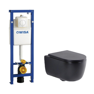 QeramiQ Dely Swirl Toiletset - 36.5x53cm - Wisa XS inbouwreservoir - slim zitting - witte bedieningsplaat - ronde knoppen - zwart mat