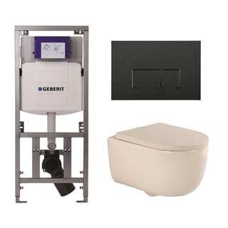QeramiQ Dely Swirl Toiletset - 36.3x51.7cm - Geberit UP320 Burda inbouwreservoir - 35mm zitting - mat zwarte metalen bedieningsplaat - rechthoekige knoppen - beige