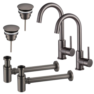 FortiFura Calvi Kit robinet lavabo - pour double vasque - robinet haut - bec rotatif - bonde non-obturable - siphon design bas - Gunmetal PVD