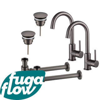 FugaFlow Eccelente Sobrado Badkamer Wastafelkraanset - voor dubbele wastafel - hoge wastafelkraan - draaibare uitloop - always open plug - verlaagde design sifon - PVD Gepolijst Gunmetal - Black Friday -