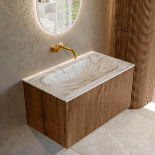 MONDIAZ KURVE-DLUX 80cm Meuble salle de bain - couleur Walnut - 1 tiroir - vasque BIG SMALL centre - sans trou de robinet - couleur Glace