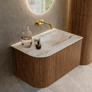 MONDIAZ KURVE-DLUX 75cm Meuble salle de bain avec module 25 G - couleur Walnut - 1 tiroir - 1 porte - vasque GRUNNE droite - sans trou de robinet - couleur Glace