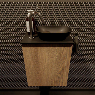 Mondiaz fowy meuble toilette 40x50x23cm chêne lavé mat 1 trou pour robinetterie évier : droit 1 porte solid surface avec plan mélaminé couleur évier : noir