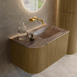 MONDIAZ KURVE-DLUX 75cm badmeubel ronding Links kleur Dusk met 1 lade en 1 deur. Wastafel GRUNNE Rechts zonder kraangat Oza.