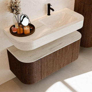 MONDIAZ THOR-DLUX Meuble de salle de bains 110cm arrondi gauche + droite couleur Walnut avec 1 tiroir et 2 portes. Vasque suspendue CLOUD Droite 1 trou de robinet couleur Meli.