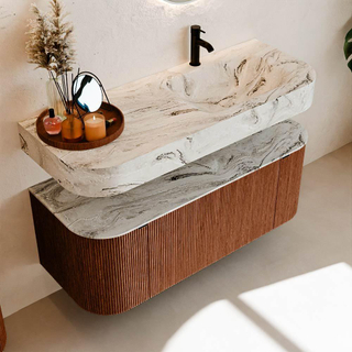 MONDIAZ THOR-DLUX 120cm meuble de salle de bains arrondi gauche + droite couleur Ruby avec 1 tiroir et 2 portes. Vasque suspendue CLOUD Droite 1 trou de robinet couleur Glace.