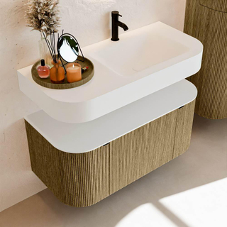 MONDIAZ THOR 100cm meuble de salle de bains arrondi gauche + droite couleur Dusk avec 1 tiroir et 2 portes. Vasque suspendue CLOUD droite 1 trou de robinet couleur Talc.