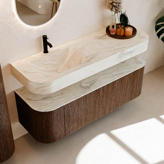 MONDIAZ THOR-DLUX 140cm badmeubel ronding links + rechts kleur Walnut met 1 lade en 2 deuren. Vrijhangende wastafel CLOUD Links 1 kraangat kleur Ostra.