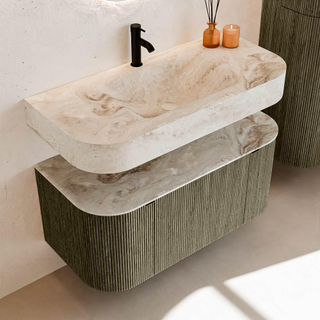 MONDIAZ THOR-DLUX 100cm meuble de salle de bains arrondi gauche + droite couleur Shadow avec 1 tiroir et 2 portes. Vasque suspendue CLOUD Milieu 1 trou de robinet couleur Frappe.