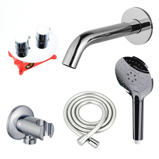 FugaFlow Eccelente Acces Badkraan set - uitloop - 22cm inkortbaar - rond bedieningspaneel - gladde slang - ronde handdouche - inbouwdeel - wandhouder - chroom