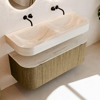 MONDIAZ THOR-DLUX 120cm meuble de salle de bains arrondi gauche + droite couleur Dusk avec 1 tiroir et 2 portes. Vasque suspendue CLOUD Double sans trou de robinet couleur Meli.