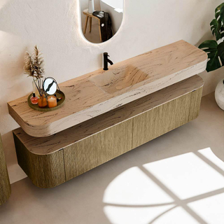 MONDIAZ THOR-DLUX 200cm meuble de salle de bains arrondi gauche + droite couleur Dusk avec 2 tiroirs et 2 portes. Vasque suspendue CLOUD Milieu 1 trou de robinet couleur Arena.