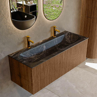 MONDIAZ KURVE-DLUX 120cm Meuble salle de bain - couleur Walnut - 1 tiroir - vasque BIG LARGE centre - 2 trous de robinet - couleur Lava