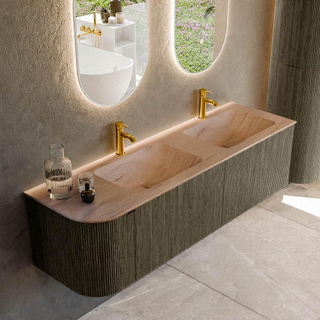 MONDIAZ KURVE-DLUX 155cm badmeubel ronding Links kleur Shadow met 2 lades en 1 deur. Wastafel LEAF Dubbel / Rechts 2 kraangaten Saba.