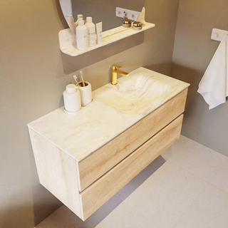 Mondiaz VICA-DLUX Ensemble de meuble de salle de bain - 110cm - meuble sous-vasque chêne blanchi - 2 tiroirs - lavabo encastré cloud droite - 1 trou de robinet - version haute de 60cm - ostra